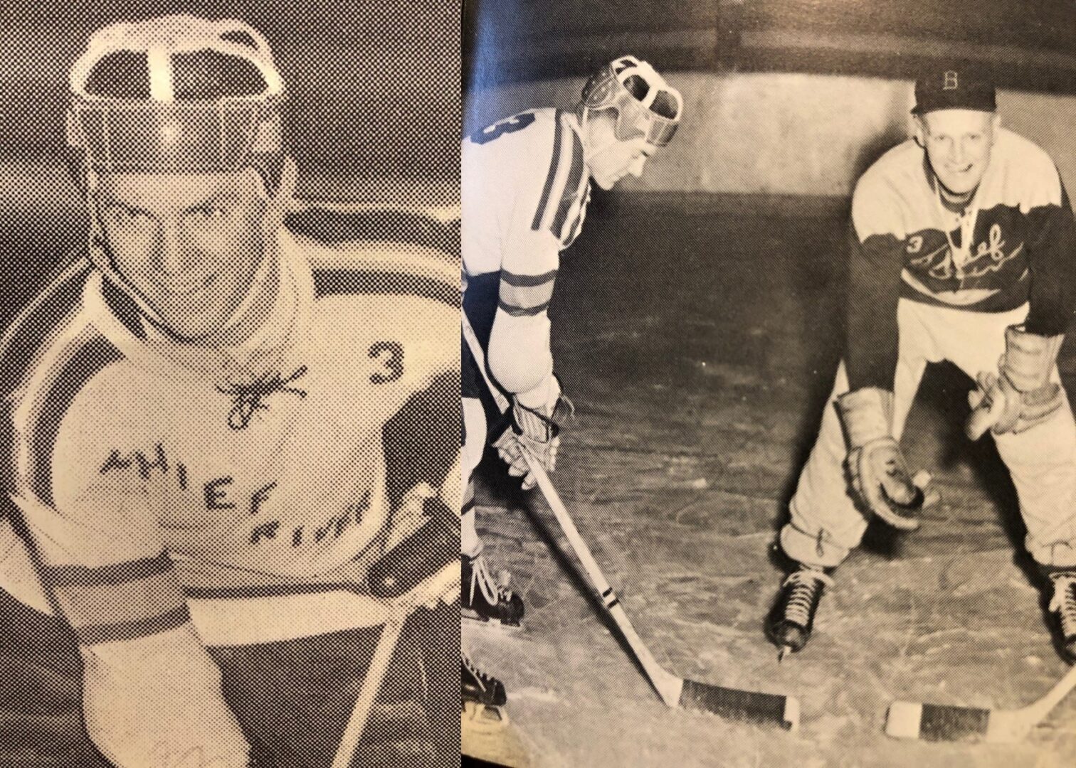 Two photos of a man in hockey uniform.